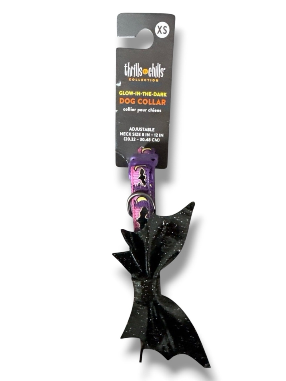 Thrills & Chills Glow-In-The-Dark Purple Bat Bow Dog Collar - XS